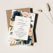 Navy Blue en Blush Pink Floral Wedding Kaart