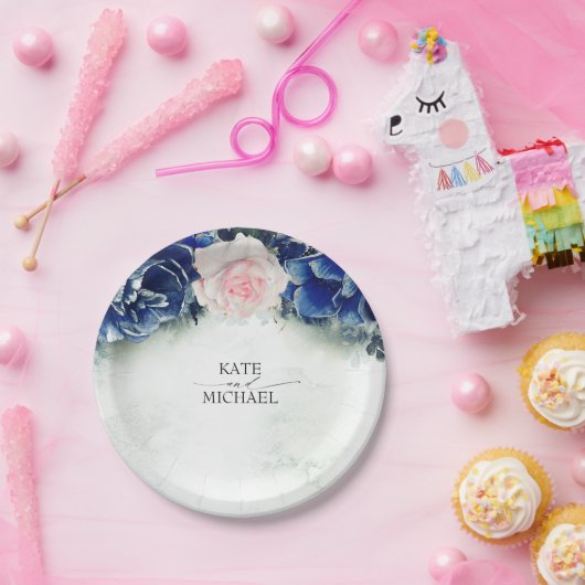 Navy Blue en Blush Pink Floral Wedding Papieren Bordje (Feest)