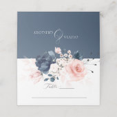 Navy Blue en Blush Pink Floral Wedding Place Card Plaatskaartje (Buitenkant ongevouwen)