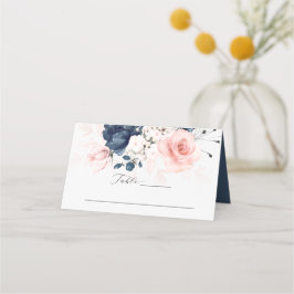 Navy Blue en Blush Pink Floral Wedding Place Card Plaatskaartje