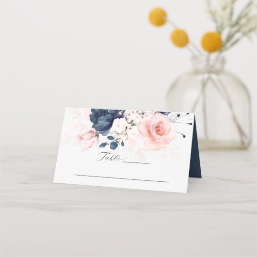 Navy Blue en Blush Pink Floral Wedding Place Card Plaatskaartje (Voorkant)