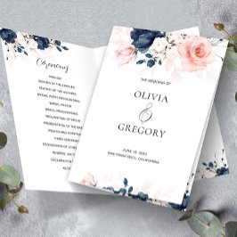 Navy Blue en Blush Pink Floral Wedding Programme
