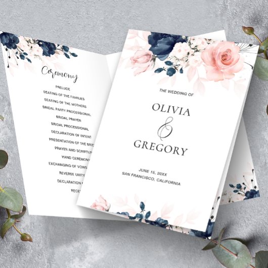Navy Blue en Blush Pink Floral Wedding Programme