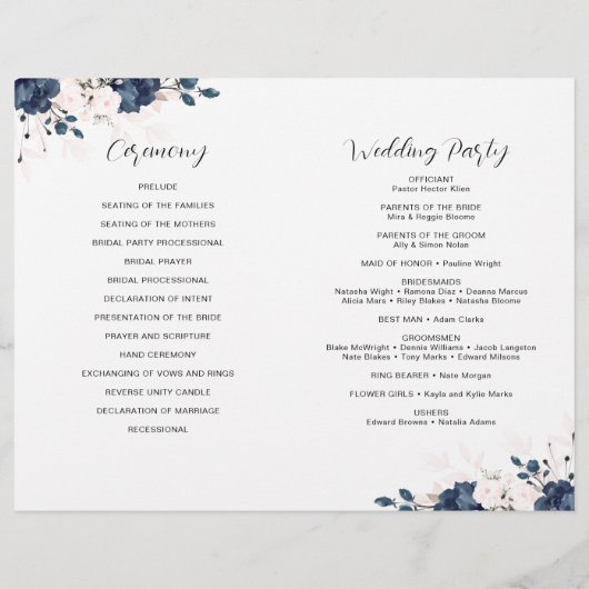 Navy Blue en Blush Pink Floral Wedding Programme (Achterkant)