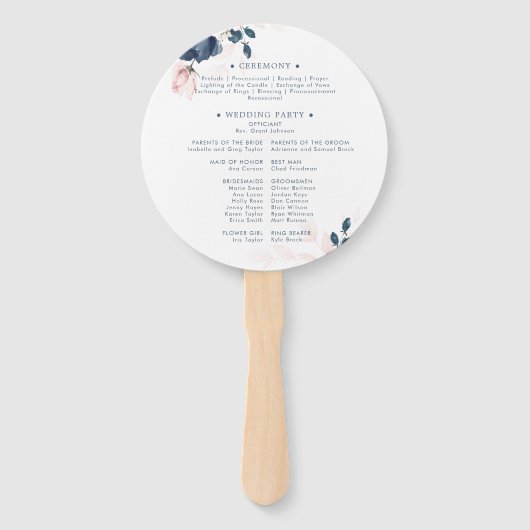 Navy Blue en Blush Pink Floral Wedding Programme Handwaaier (Achterkant)