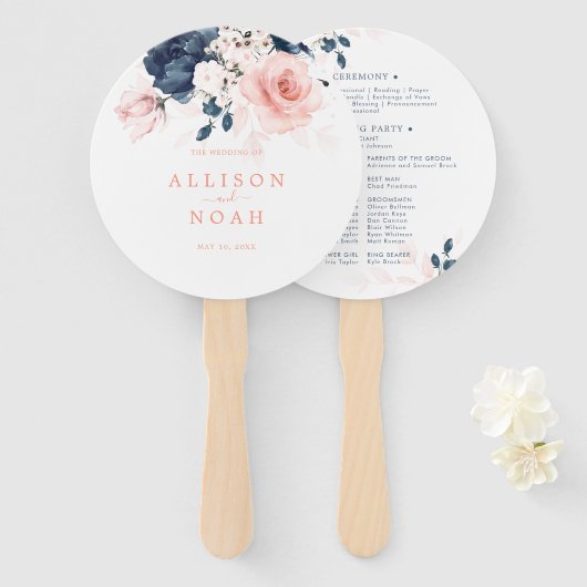 Navy Blue en Blush Pink Floral Wedding Programme Handwaaier (Voorkant en achterkant)