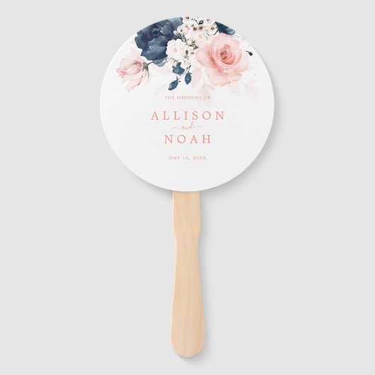 Navy Blue en Blush Pink Floral Wedding Programme Handwaaier (Voorkant)