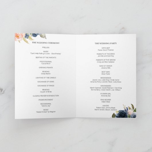 Navy Blue en Blush Pink Floral Wedding Programme Programma (Binnen)