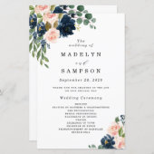 Navy Blue en Blush Pink Floral Wedding Programs (Voorkant / Achterkant)