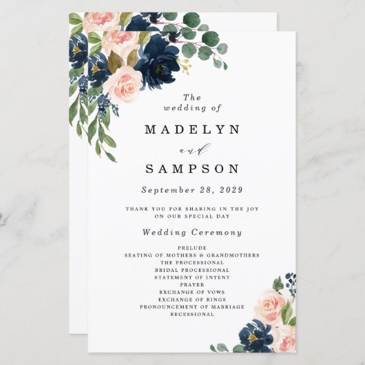 Navy Blue en Blush Pink Floral Wedding Programs (Voorkant / Achterkant)