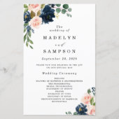 Navy Blue en Blush Pink Floral Wedding Programs (Voorkant)