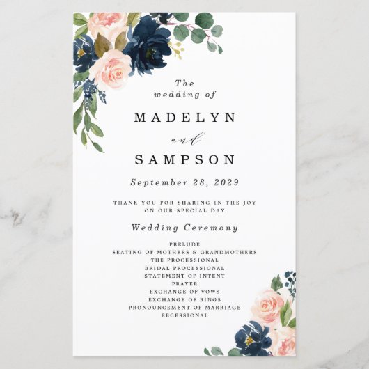Navy Blue en Blush Pink Floral Wedding Programs (Voorkant)