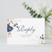 Navy Blue en Blush Pink Floral Wedding RSVP-kaart RSVP Kaartje (Staand voorkant)