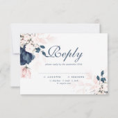 Navy Blue en Blush Pink Floral Wedding RSVP-kaart RSVP Kaartje (Achterkant)