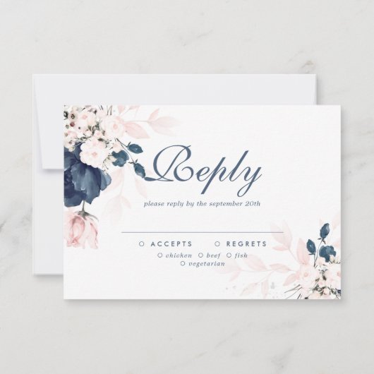 Navy Blue en Blush Pink Floral Wedding RSVP-kaart RSVP Kaartje (Achterkant)