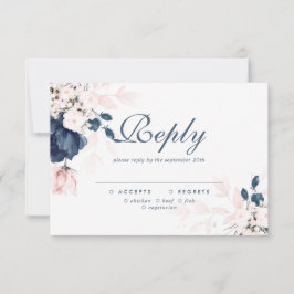 Navy Blue en Blush Pink Floral Wedding RSVP-kaart RSVP Kaartje