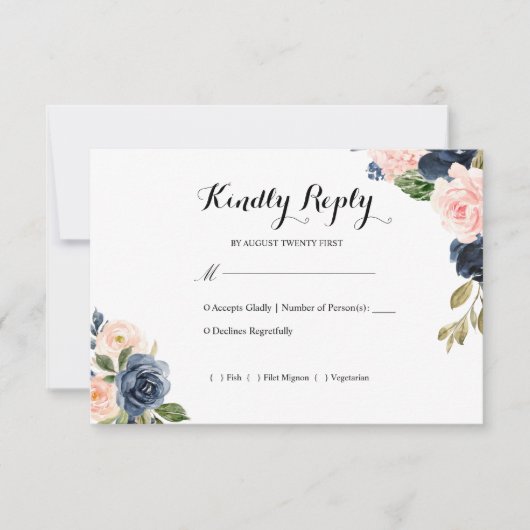 Navy Blue en Blush Pink Floral Wedding RSVP Kaartje (Voorkant)