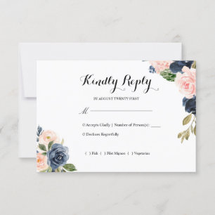 Navy Blue en Blush Pink Floral Wedding RSVP Kaartje