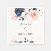 Navy Blue en Blush Pink Floral Wedding Servet (Voorkant)