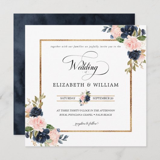 Navy Blue en Blush Pink Floral Wedding Square Kaart (Voorkant / Achterkant)
