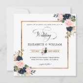 Navy Blue en Blush Pink Floral Wedding Square Kaart (Voorkant)