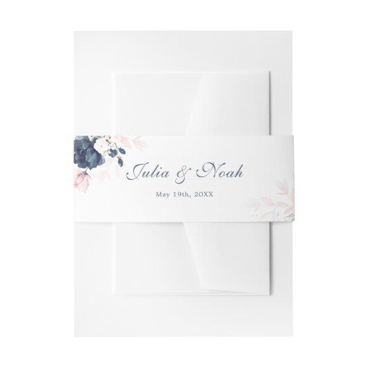 Navy Blue en Blush Pink Floral Wedding Uitnodigingen Wikkel (Voorkant Voorbeeld)