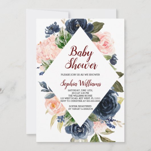 Navy Blue en Blush Pink Flowers Baby shower Kaart (Voorkant)