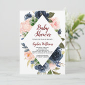 Navy Blue en Blush Pink Flowers Baby shower Kaart (Staand voorkant)