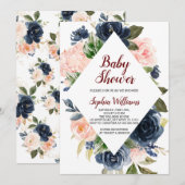 Navy Blue en Blush Pink Flowers Baby shower Kaart (Voorkant / Achterkant)