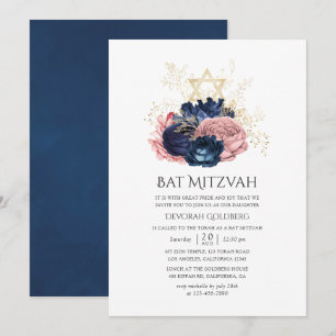 Navy Blue en Blush Pink  Rozen Bat Mitzvah Kaart