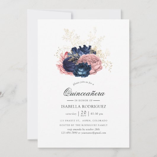 Navy Blue en Blush Pink  Rozen Quinceañera Kaart (Voorkant)