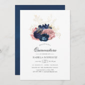 Navy Blue en Blush Pink  Rozen Quinceañera Kaart (Voorkant / Achterkant)