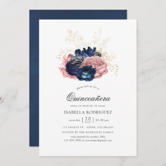 Navy Blue en Blush Pink  Rozen Quinceañera Kaart (Voorkant / Achterkant)