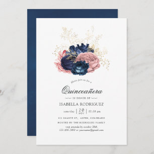 Navy Blue en Blush Pink  Rozen Quinceañera Kaart