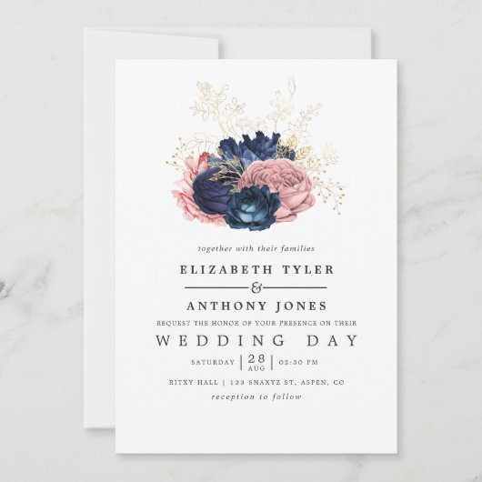 Navy Blue en Blush Pink  Rozen Weddenschap Kaart (Voorkant)