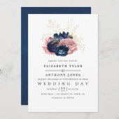 Navy Blue en Blush Pink  Rozen Weddenschap Kaart (Voorkant / Achterkant)
