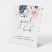 Navy Blue en Blush Pink Wedding Guest Book Sign. Reclamebord Met Voetstuk (Voorkant)