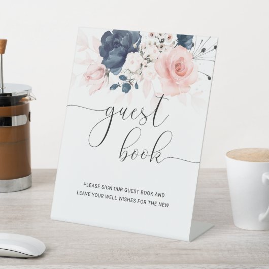 Navy Blue en Blush Pink Wedding Guest Book Sign. Reclamebord Met Voetstuk (Insitu)