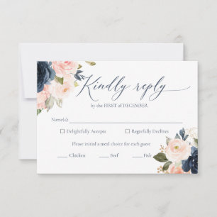 Navy Blue en Blush Pink Wedding RSVP-kaarten RSVP Kaartje