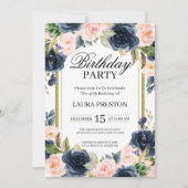 Navy Blue en Blush Roze Bloemen Verjaardag Kaart (Voorkant)