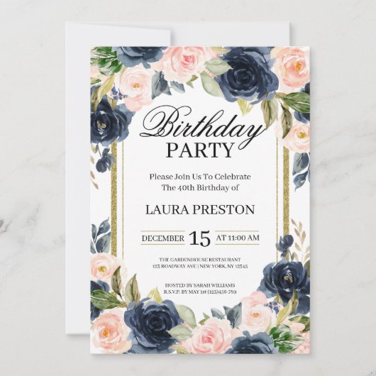 Navy Blue en Blush Roze Bloemen Verjaardag Kaart (Voorkant)