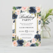 Navy Blue en Blush Roze Bloemen Verjaardag Kaart (Staand voorkant)