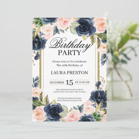 Navy Blue en Blush Roze Bloemen Verjaardag Kaart (Staand voorkant)