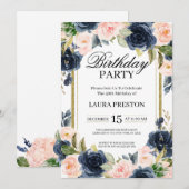 Navy Blue en Blush Roze Bloemen Verjaardag Kaart (Voorkant / Achterkant)