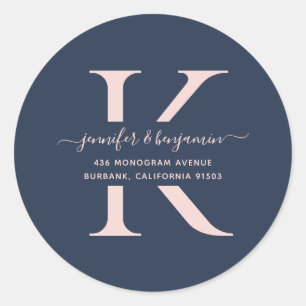 Navy Blue en Blush Script Monogram Return Address Ronde Sticker