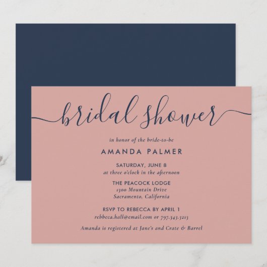 Navy Blue en Blush Vrijgezellenfeest Kaart (Voorkant / Achterkant)