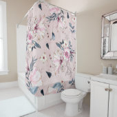 Navy Blue en Blush Waterverf Flowers Douchegordijn (In situ)