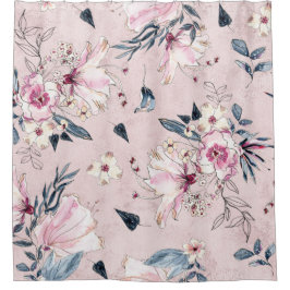 Navy Blue en Blush Waterverf Flowers Douchegordijn