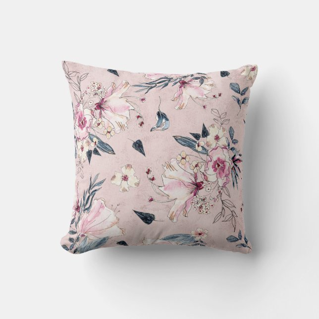 Navy Blue en Blush Waterverf Flowers Kussen (Voorkant)