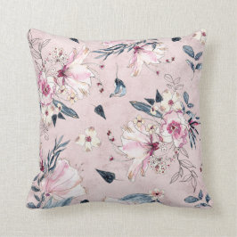 Navy Blue en Blush Waterverf Flowers Kussen